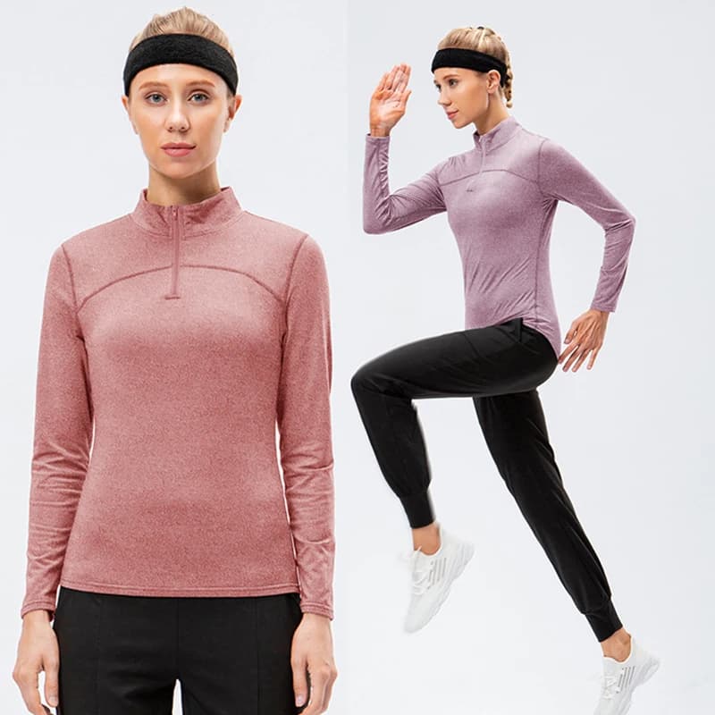 Camicie da tennis termiche da donna Camicie sportive invernali a maniche lunghe Colletto con cerniera Camicia da yoga con scollo a V Lady Slim Warm Workout Gym Sportswear
