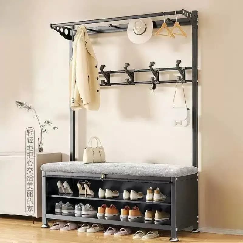 Floor hanger with shoe bench, entrance, bedroom, clothes rack, organizer to store shoes