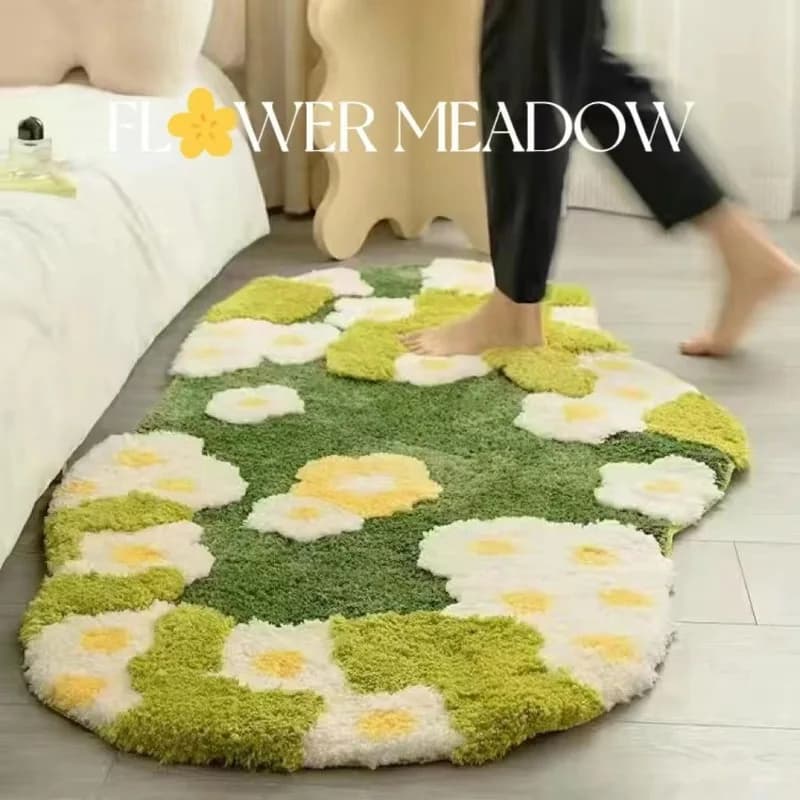 Aesthetic Tufting Moss Floral Bedroom Rug Bathroom Mat Soft Meadow Plant Living Room Carpet Bedside Floor Pad Doormat Home Decor