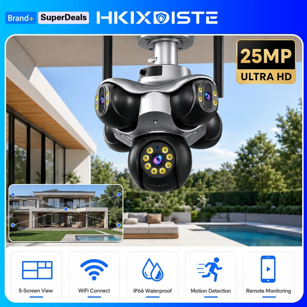 25MP Ultra HD Five Screen Outdoor WiFi Security Camera Five Lens Multi View Motion Detection IP66 Waterproof Remote CCTV Monitor