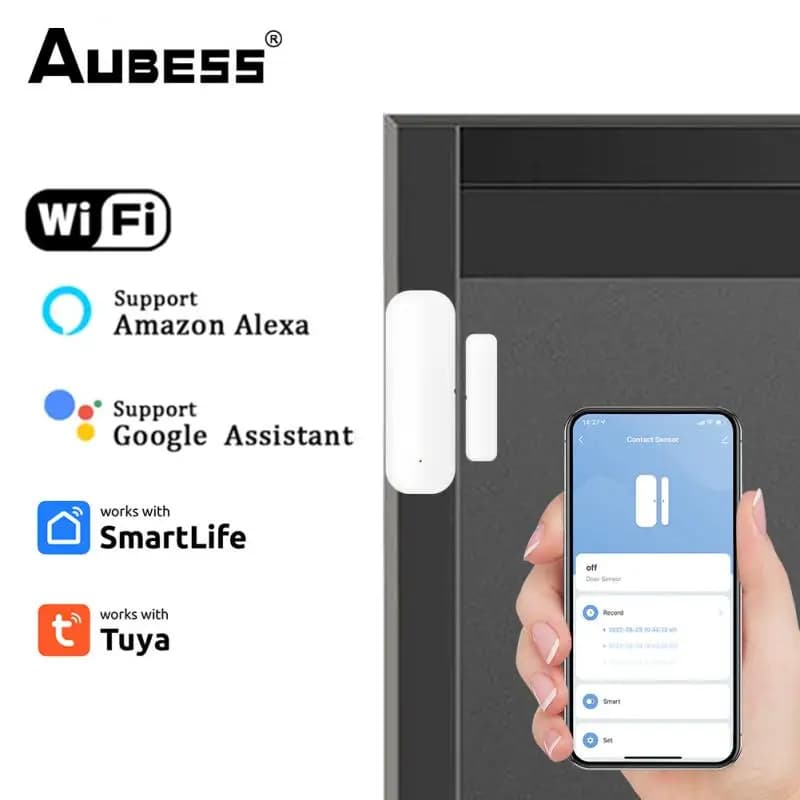 AUBESS Tuya Smart WiFi Sensore per porte/finestre Rilevatore di allarme magnetico per porte Domotica intelligente Funziona con Alexa Google SmartLife