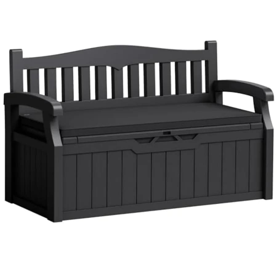 80 Gallon container bench with cushions, exterior and interior, resistant to all weather conditions, with hidden storage space and lockable garden storage box