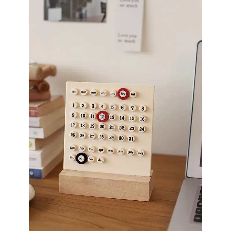 Calendario ad anello color crema con anelli di giorni carini da 2025 pollici, pendolo creativo per calendario perpetuo in legno massello da ufficio