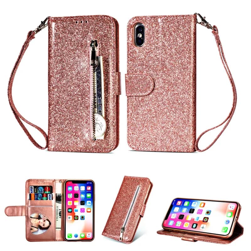 Custodia a portafoglio con cerniera e glitter per Xiaomi Poco X6 X5 X4 GT X3 NFC F5 F4 F3 Pro, in pelle di lusso con laccetto e 3 slot per carte, a libro
