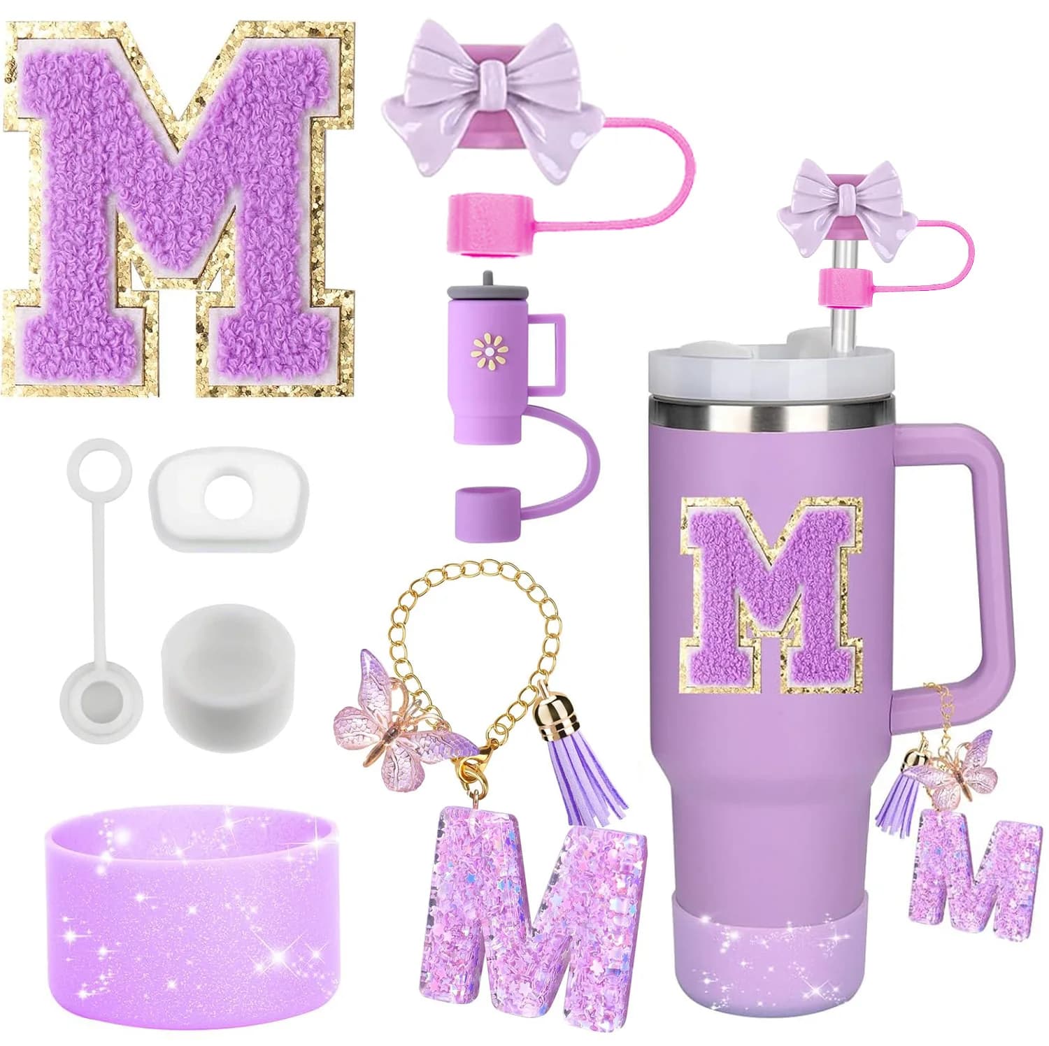 Set di 8 accessori per tumbler Stanley Cup viola da 30oz e 40oz: copri cannuccia in silicone, tappo, protezione per la base, manico, charm, adesivo con iniziali.