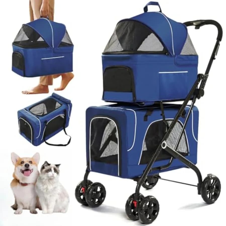 Passeggino Doppio per 2 Cani, Trasportini Staccabili, Cintura di Sicurezza, Ruote Bloccabili, Carrello da Passeggio per Animali Domestici, Pieghevole