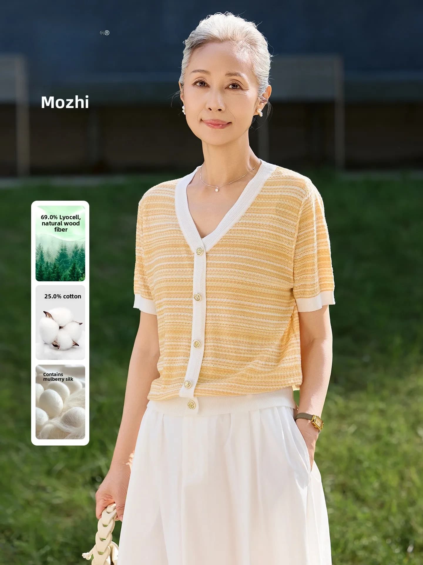 Muzhi Silk Lyocell Short Sleeve Knitted T-Shirt for Middle-Aged And Elderly Women Breathable Loose Fit V-Neck Summer Top