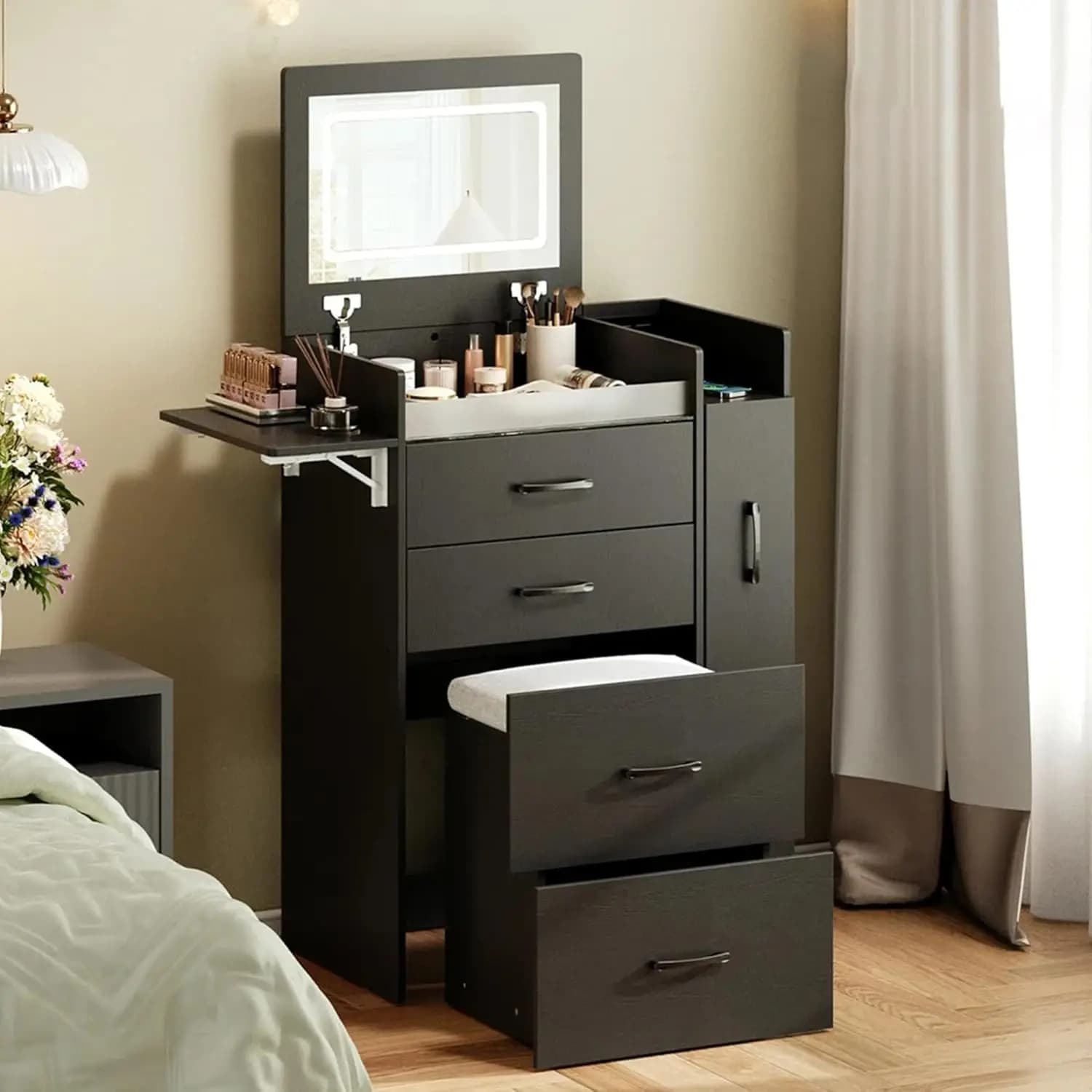 3 in 1 Vanity Desk with Flip Top Mirror, LED Lights, Side Cabinet,Collapsible Desk Panel, Hidden Stool with Storage, Sma