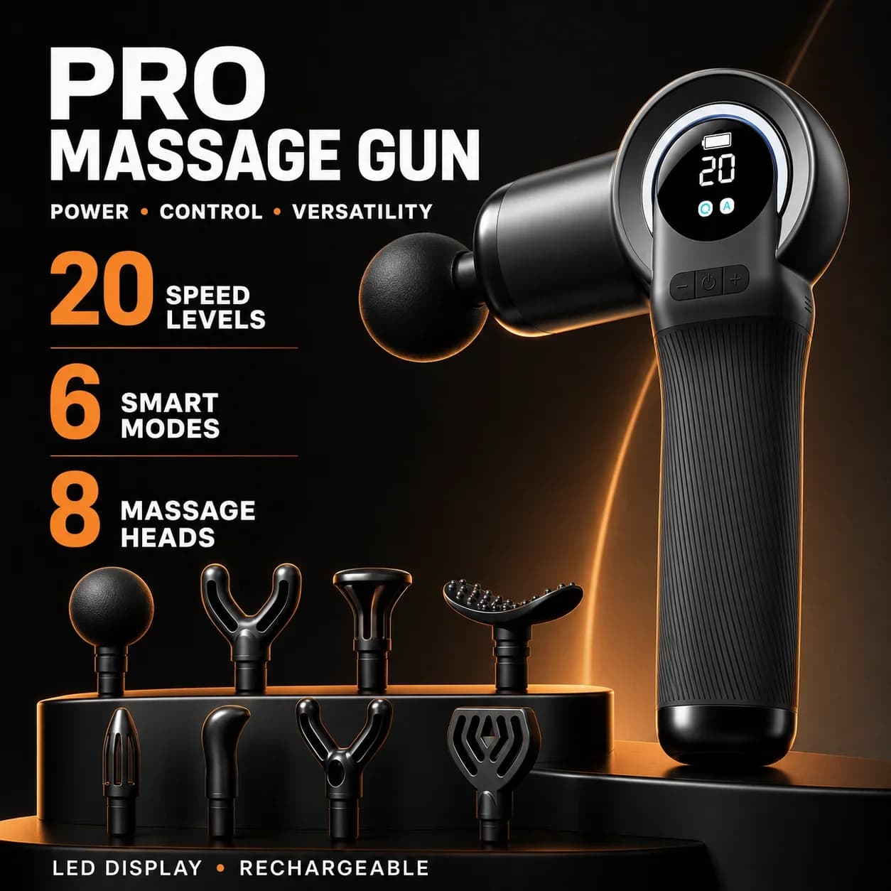 Massage Gun 20 Speed Levels 6 Smart Auto Modes 8 Heads Pressure Sensing LED Display 2000mAh Type-C Rechargeable Muscle Massagers