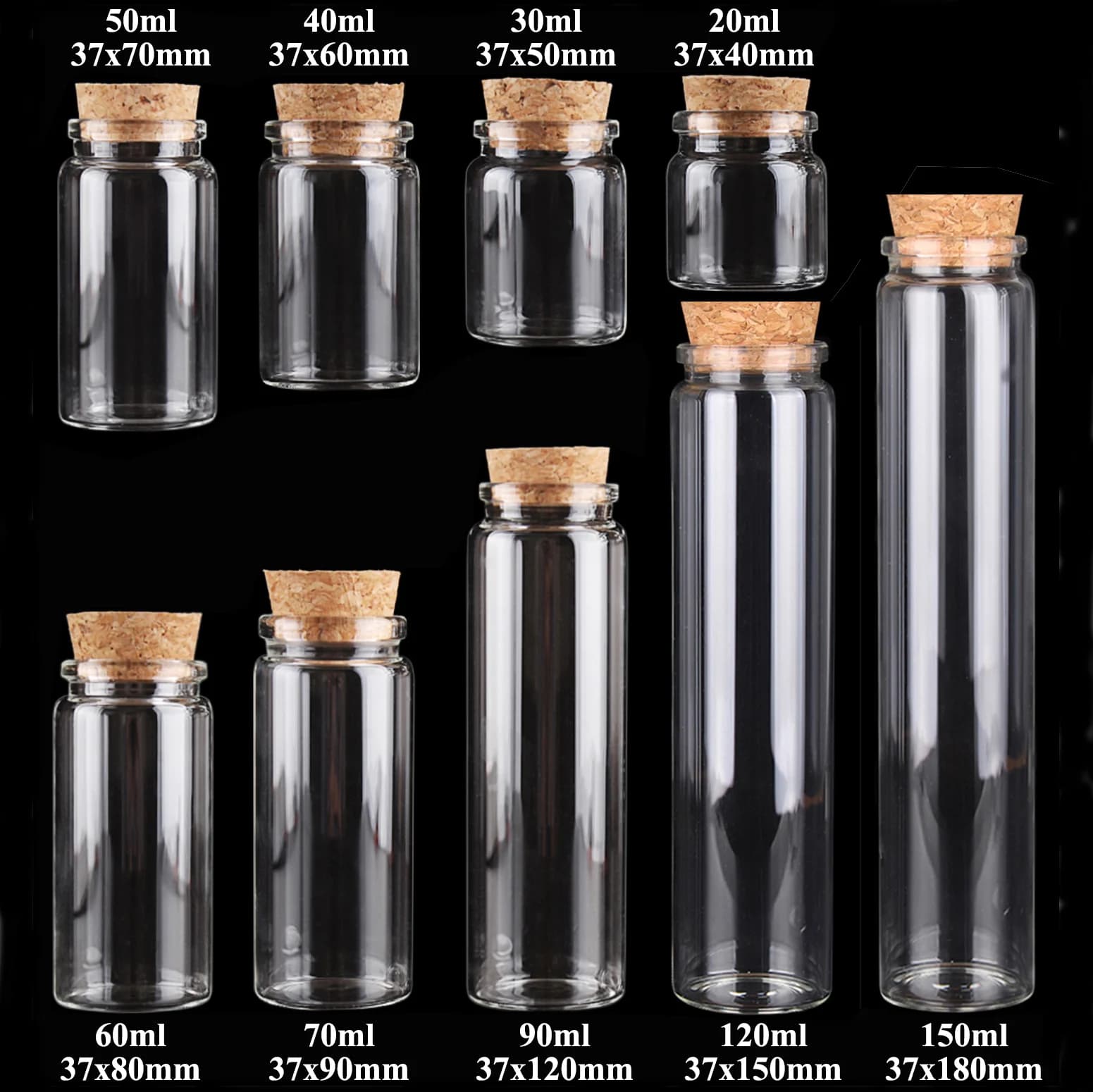 6 pezzi 20ml 30ml 40ml 50ml 60ml 70ml 90ml 120ml 150ml Bottiglie di vetro con tappo in sughero Barattoli di spezie Fiale Artigianato 7 dimensioni U-pick