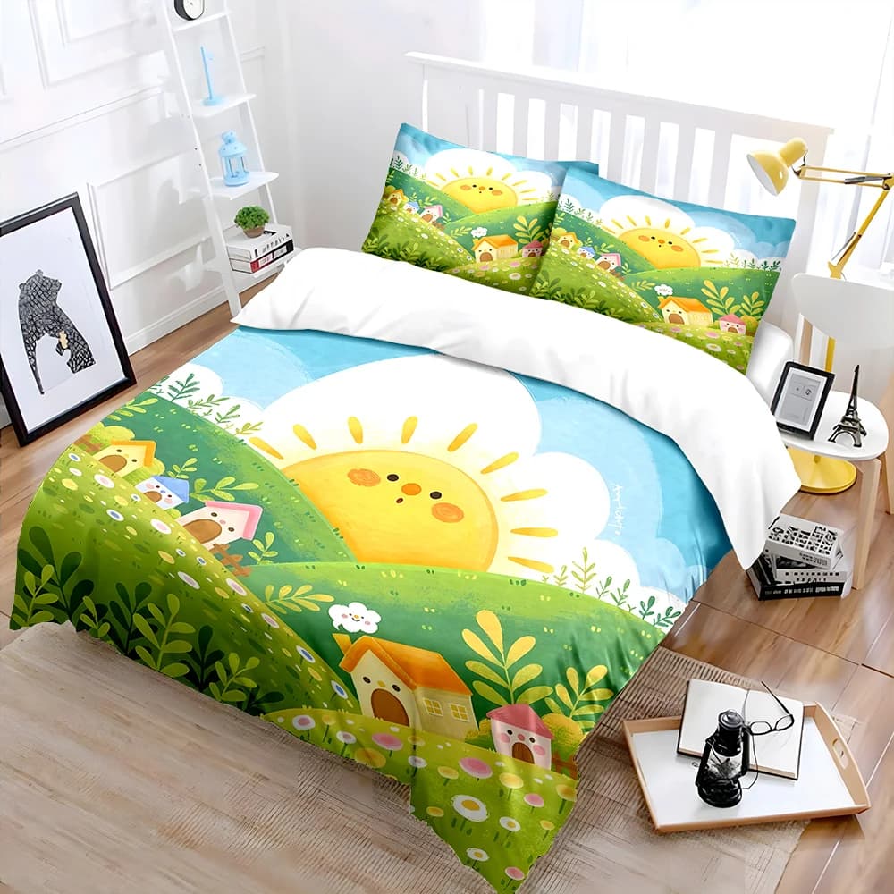 Simpatico paesaggio da favola con case soleggiate, set di biancheria da letto stampata, 1 copripiumino, 2 federe per adulti e bambini, regalo di lusso, misura completa