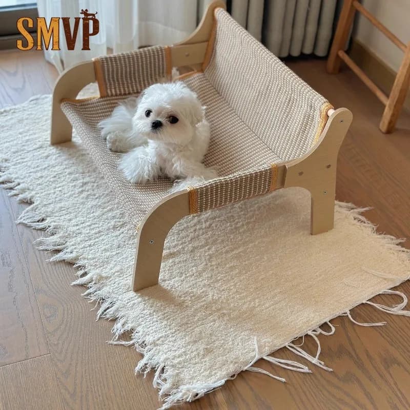 Cuccia per Animali Domestici con Struttura in Legno, Divano in Lino Traspirante e Rattan, Letto Rialzato per Cani e Gatti, Universale per Tutte le Stagioni, per Piccoli Animali