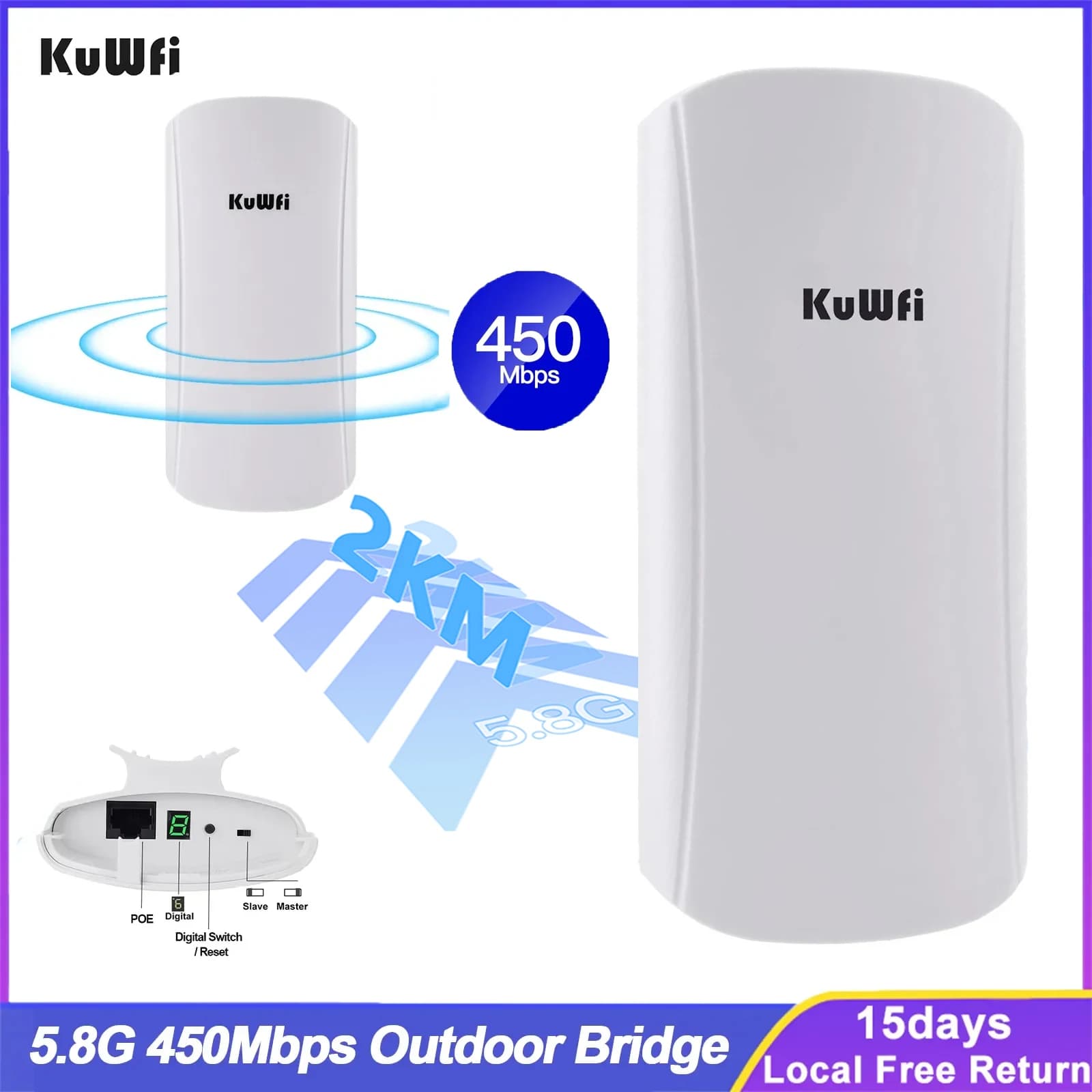 KuWfi 5.8G 450Mbps Outdoor CPE Bridge 1-2KM Long Range Access Point Wifi Repeater 12dbi Antenna Wifi Signal Amplifier 24V POE