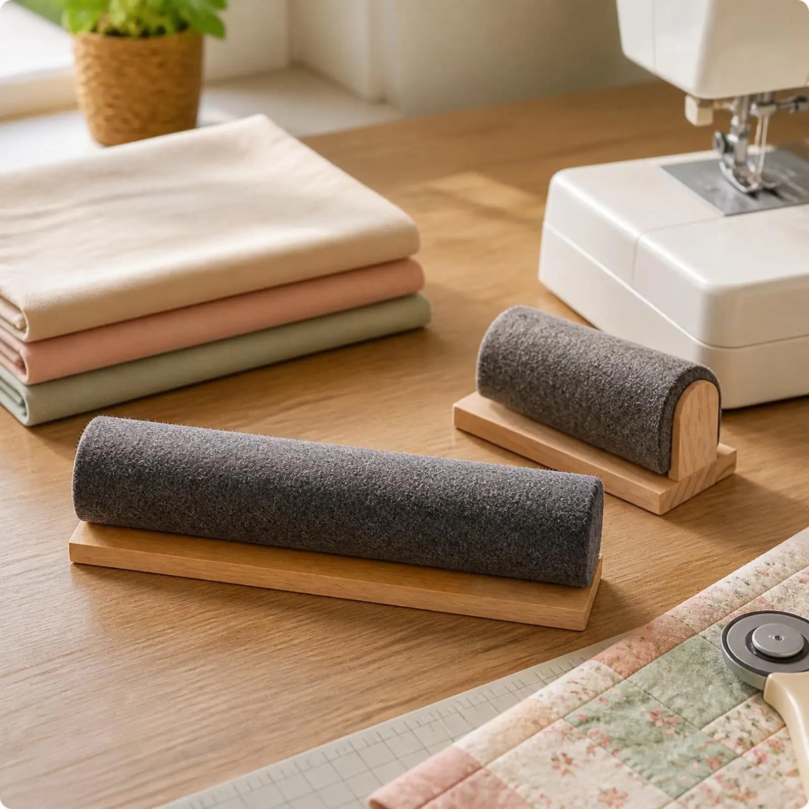 2 Pieces Teak Wood Seam Presser with Wool Soft Textile Layer Sturdy Quilting Seam Pressing Tool with Wooden Base Firm for