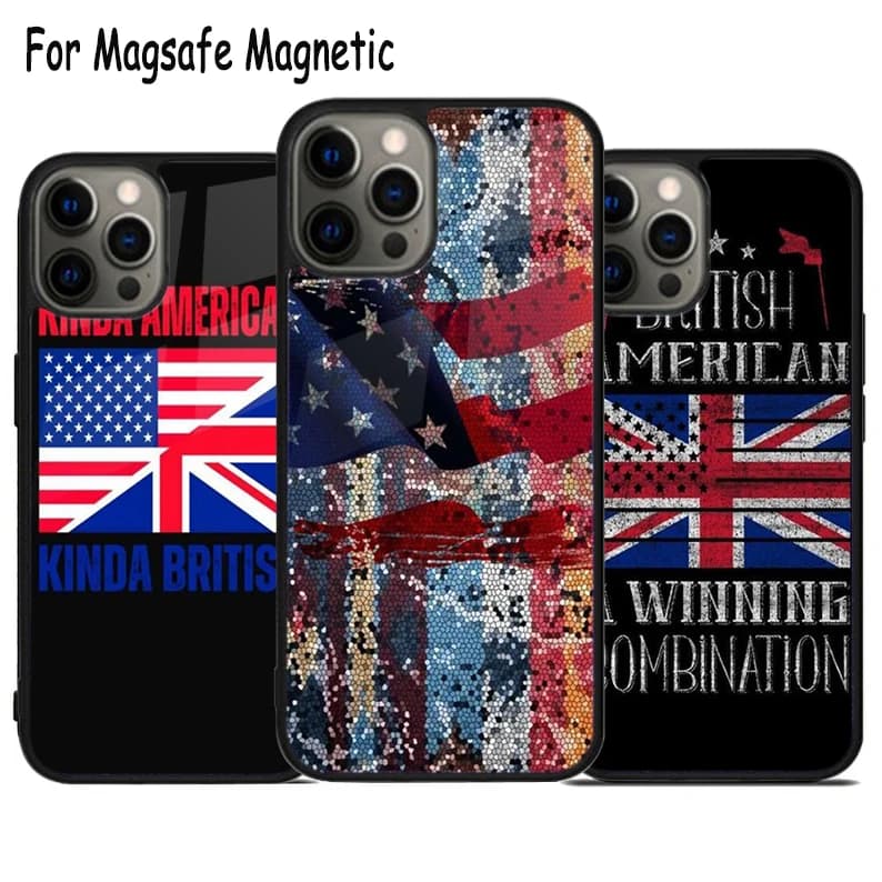 Cover Magnetica Wireless con Bandiera USA e Regno Unito per iPhone 17 Air 15 16e 14 13 11 12 Pro Max Plus Magsafe