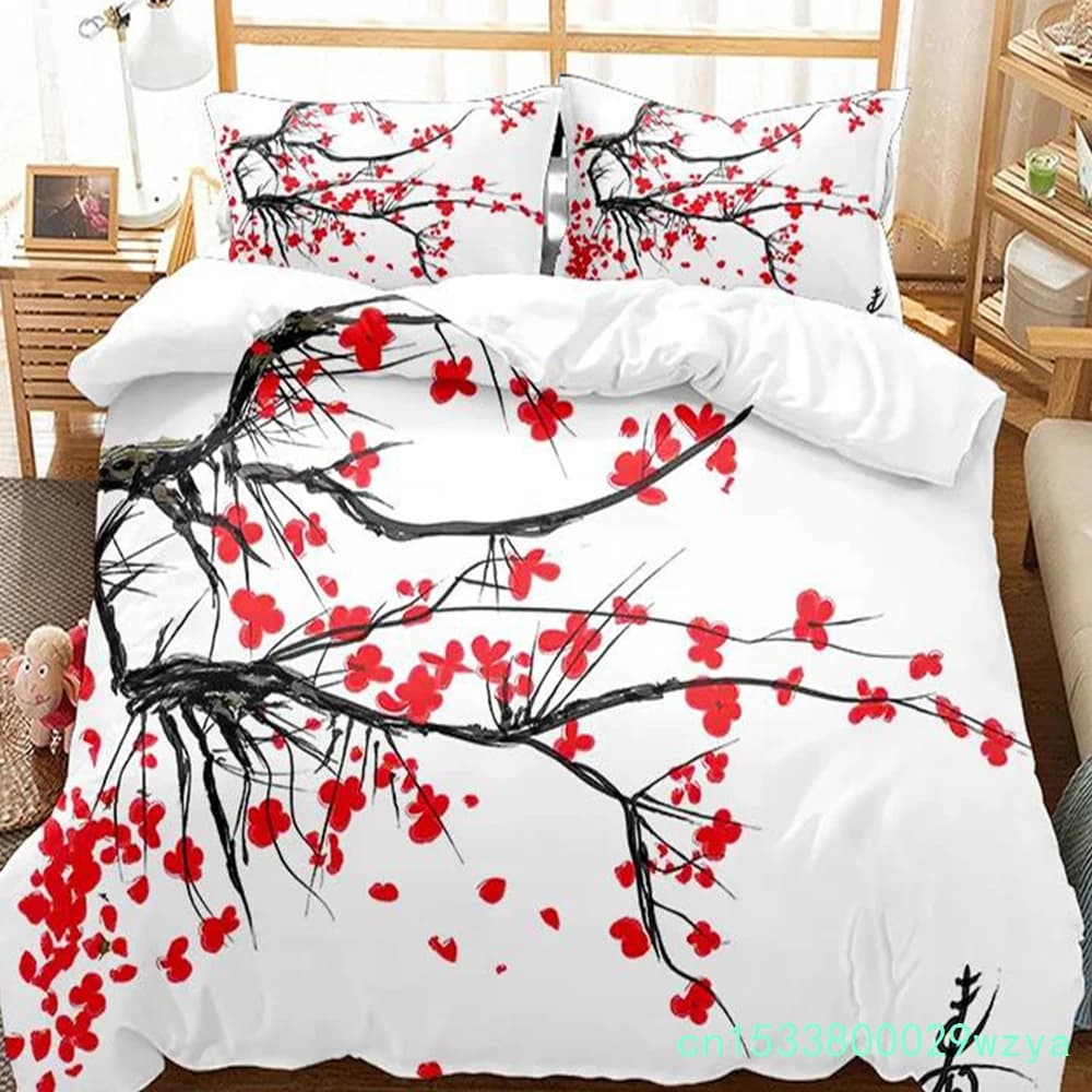 Japanese Duvet Cover Branch Of A Flourishing Sakura Tree Flowers Cherry Blossoms Spring Art Polyester Bedding Set Full/King Size