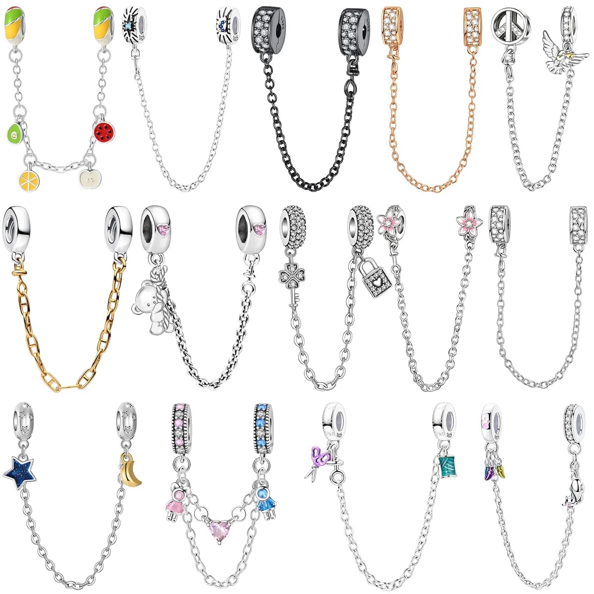 Ciondolo a catena di sicurezza in lega d'argento sterling 925 con stella lucida, serratura a forma di luna, chiave, racelet di frutta, accessorio con perline, gioielleria raffinata, regalo per le donne