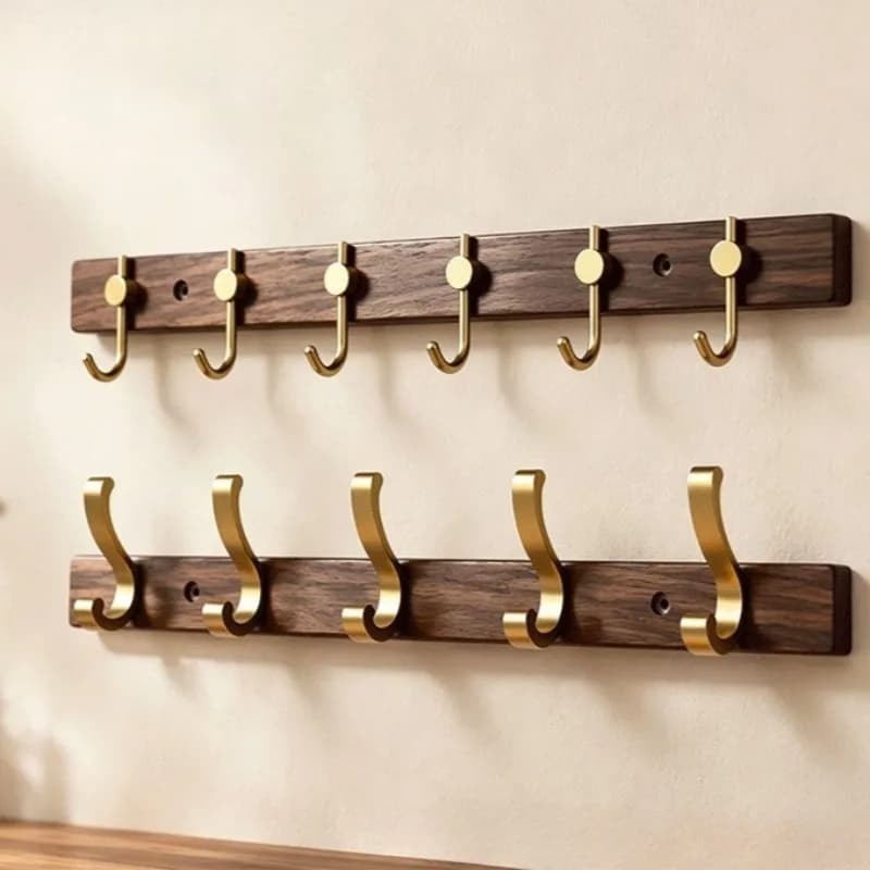 Wooden Brass Clothes Hooks Nordic Simplicity Utility Hook Waterproof Moistureproof Self-adhesive Wall Hooks House Decorations