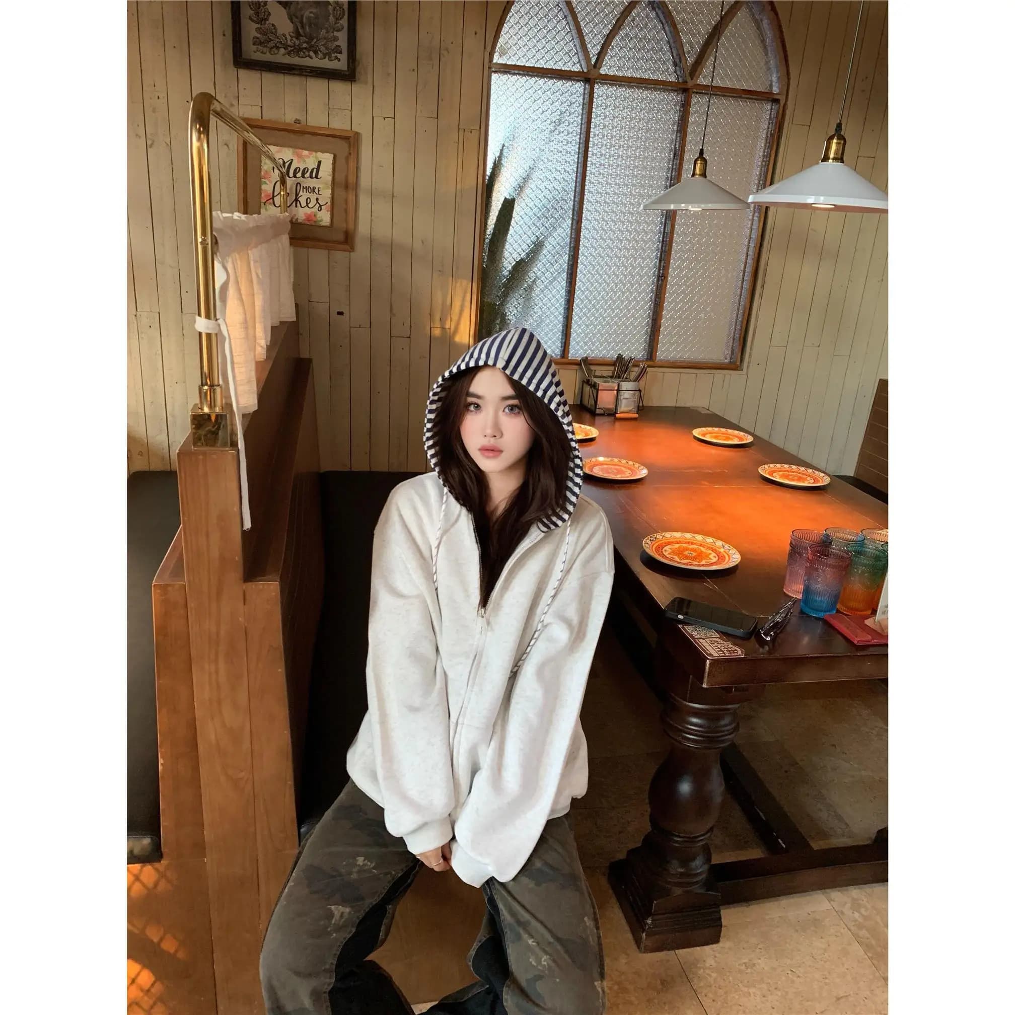 Giacca con Cappuccio e Zip da Donna, Primaverile/Autunnale, Sottile, Oversize, Stile Coreano, Chic e Casual, Manica Lunga, Effetto 3D, T-shirt