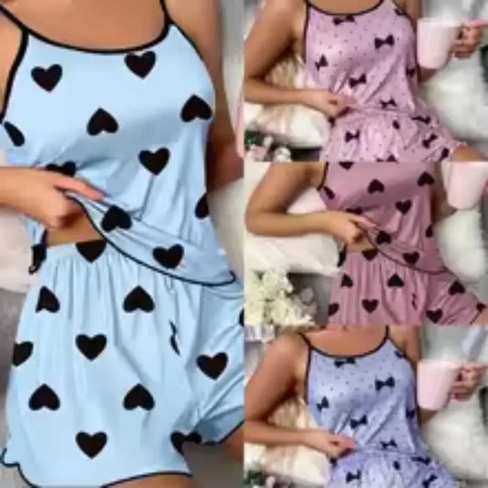 Set loungewear casual da donna – T-shirt e pantaloncini in seta ghiacciata con stampa di cuori, pigiami estivi