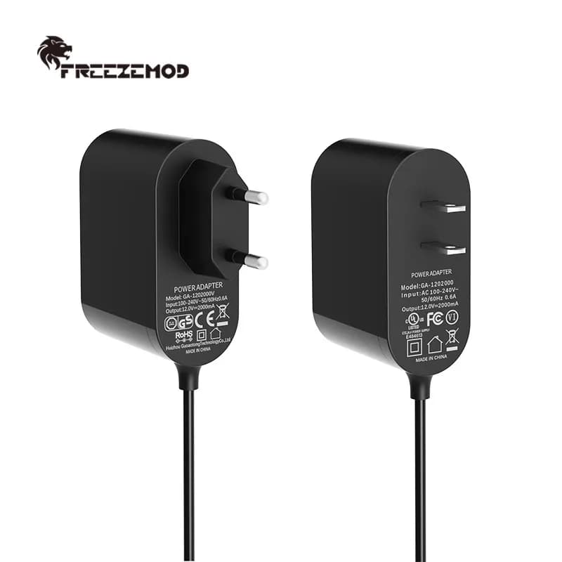 FREEZEMOD Adattatore di alimentazione esterno per raffreddamento ad acqua da 220 V a 12 V 2 A, DC5.5 * 2.1 Spina USA/UE per pompa e ventola di raffreddamento GA-1202000