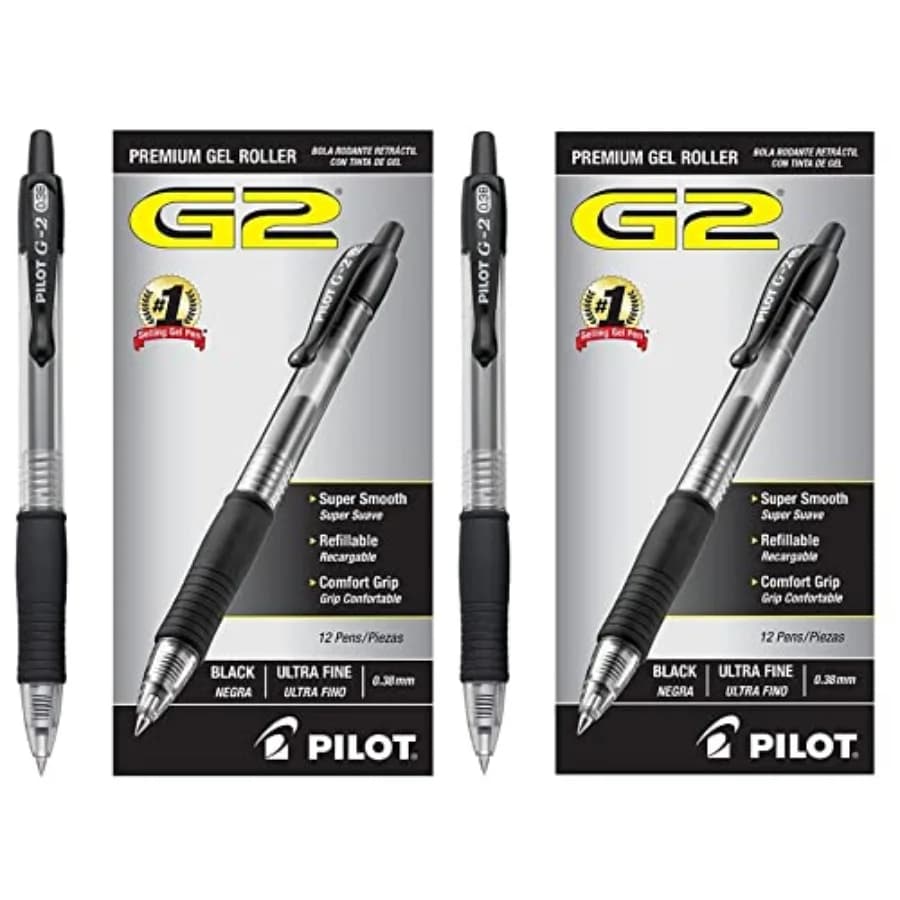 Penne Gel a Sfera Ricaricabili e Retrattili G2 Premium, Punta Ultra Fine da 0,38 mm, Inchiostro Nero, Confezione da 24, 31277