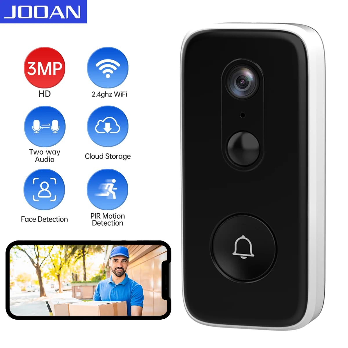 JOOAN 3MP 2MP WiFi Videocitofono Campanello Telecamera Smart Home Security Batteria Rilevatore di movimento PIR Citofono bidirezionale Archiviazione cloud gratuita
