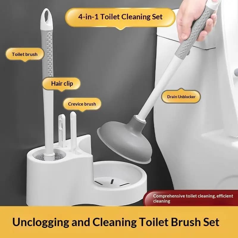 Wall Mounted 4 In 1 Toilet Brush Holder Long Handle Dead Angle Cleaner Plunger For Bathroom Use