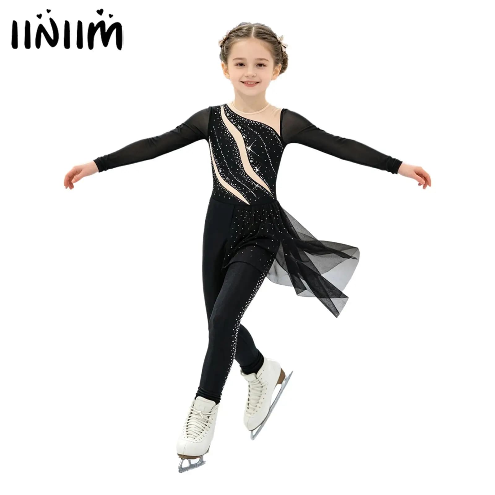 Kids Girls Lyrical Ballet Dance Jumpsuit Figure Ice Skating Costume Sparkly Rhinestone Mesh Long Sleeve Unitard Irregular Skirt