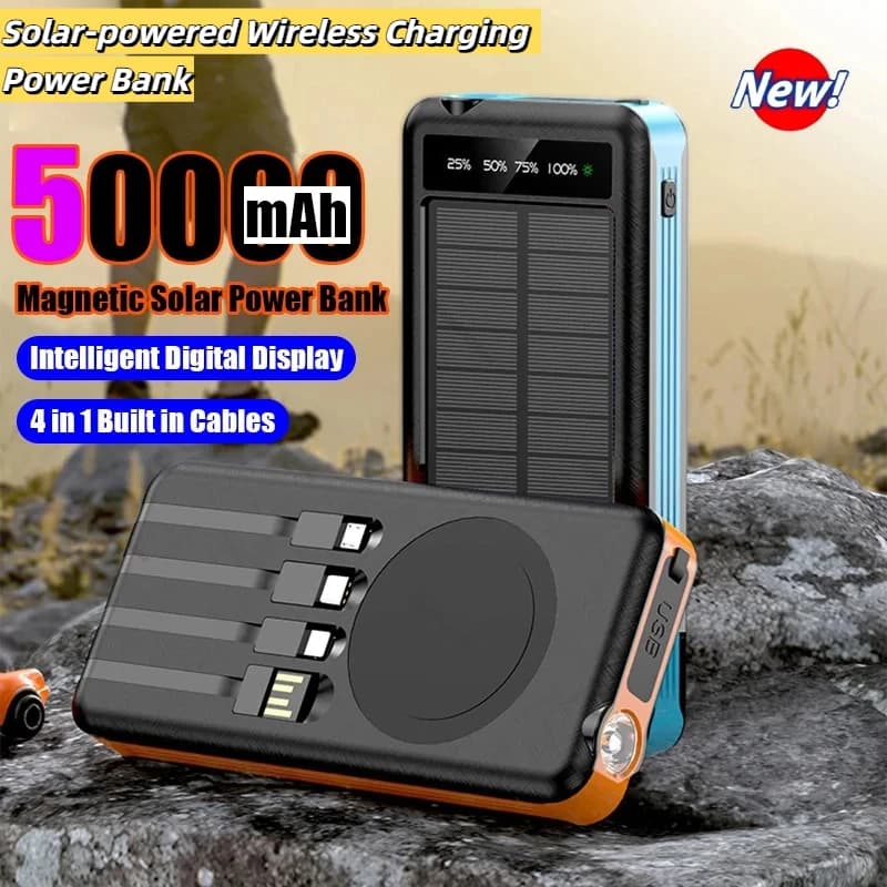 50000mAh Solar Power Bank Wireless Fast Charging Battery Large Capacity Mobile Power 4 Cables for iPhone Samsung Xiaomi