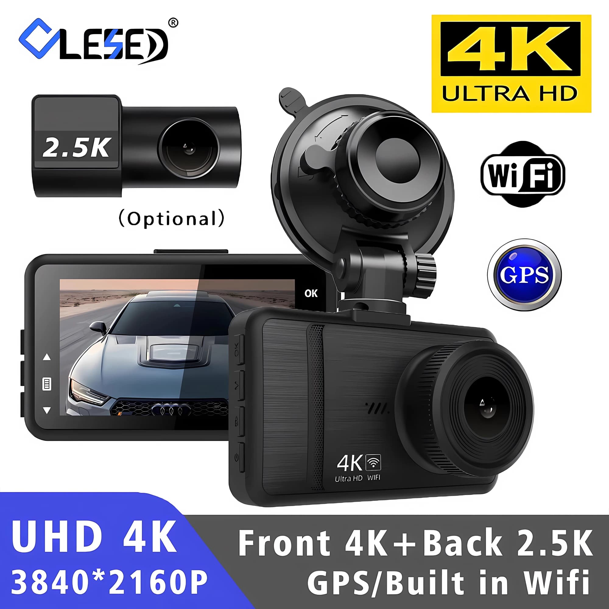 4K 2160P Ultra HD Dash Cam Visione notturna con retro 2.5K 1440P Videocamera posteriore per auto WiFi GPS Registratore G-Sensor Registrazione in loop