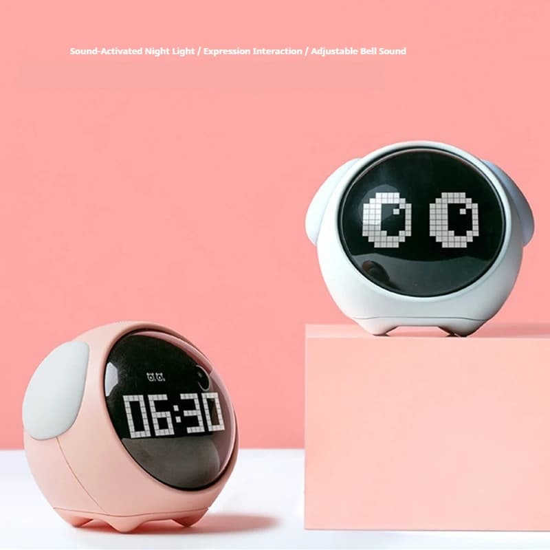 Sveglia Interattiva LED per Bambini con Pixel Emo, Luce Notturna Intelligente, Funzione Snooze, Orologio Digitale da Comodino Attivato dal Suono per Studenti e Bambini