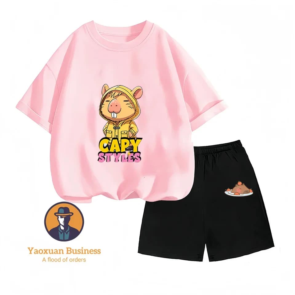 Capybara Children's T-shirt Set, a short sleeve birthday gift with round neckline for children from 2 to 14 years old