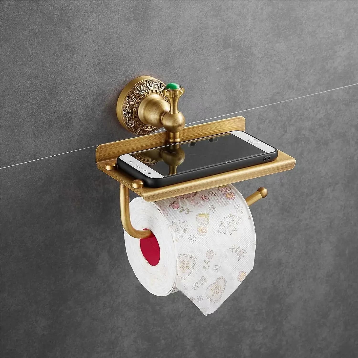 Portarotolo da parete in ottone anticato con mensola porta telefono - Ottone massiccio, portaoggetti rustico per il bagno