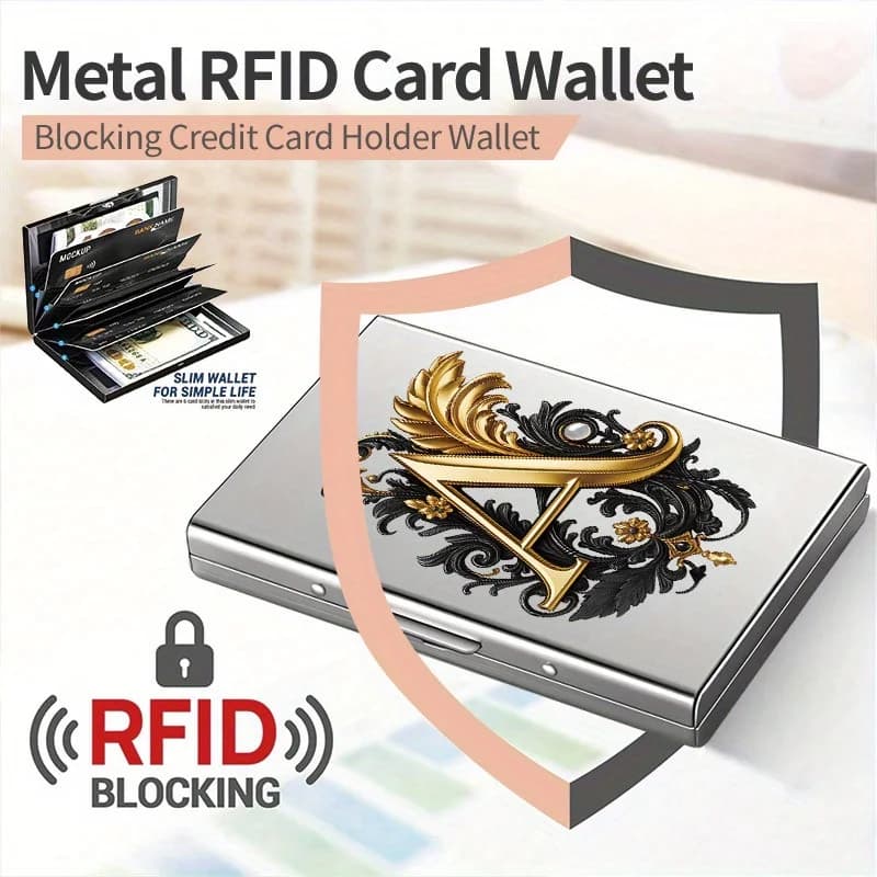 Portafoglio in metallo RFID di fascia alta con motivo lettera A in metallo, design con apertura laterale, regalo pratico