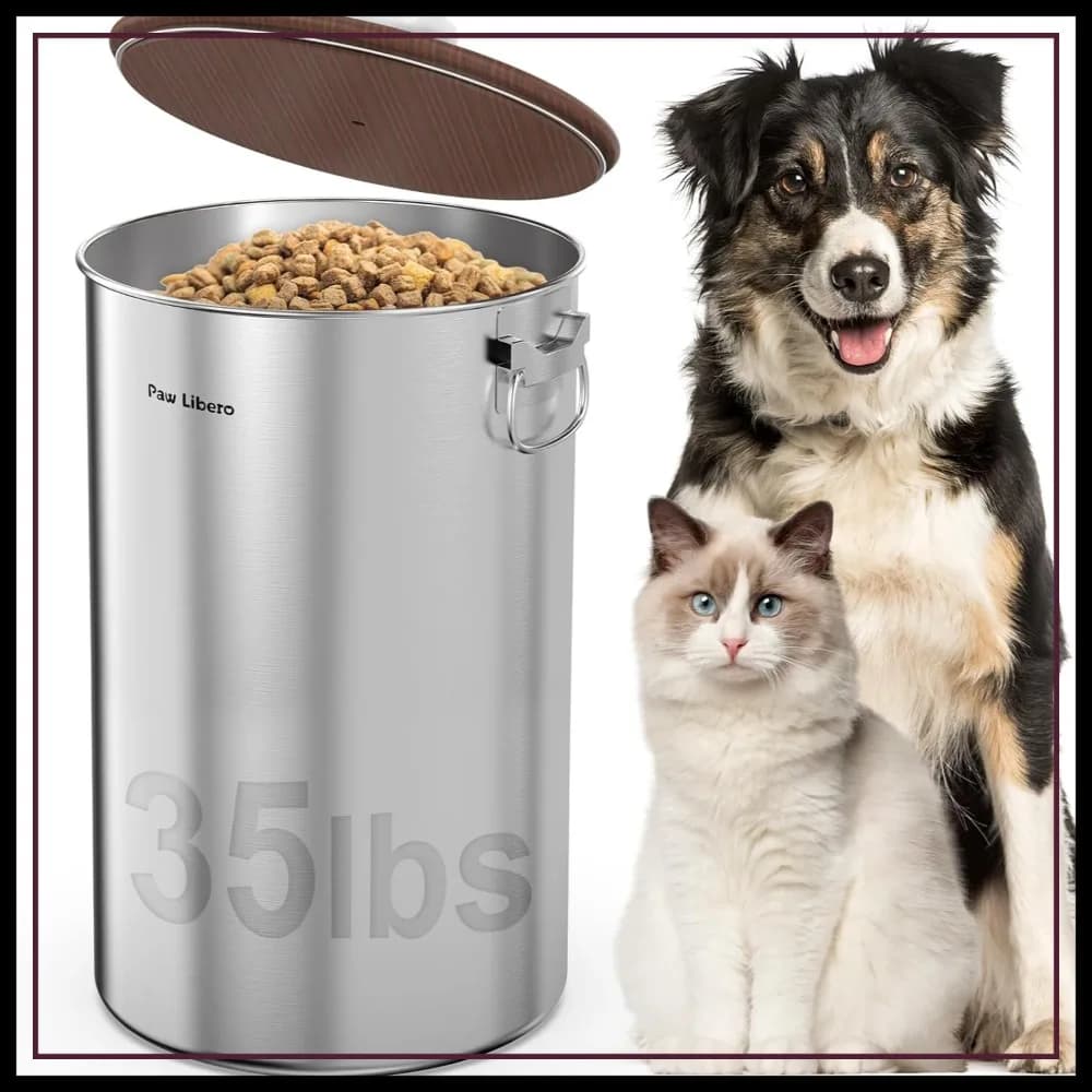 Contenitore per Cibo per Cani in Acciaio Inox da 35 Libbre con Coperchio Ermetico in Legno e Manico a Osso in Ceramica, Grande Contenitore in Metallo per Alimenti per Animali, Mantiene il Cibo Fresco, Facile da Pulire