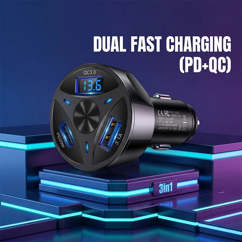Caricabatterie da auto multi-USB PD da 55W a 3 porte, adattatore di ricarica rapida QC3.0, ricarica veloce per auto, USB Type-C per iPhone 17 e serie Samsung