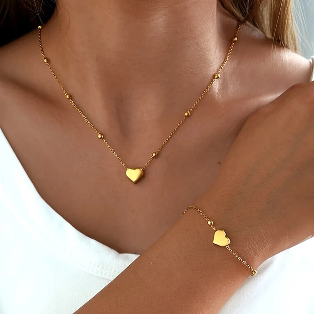 DOTIFI Stainless Steel Stereoscopic Heart Pendant Necklace Bracelet Jewelry Set Simple Fashion Commuter For Women Jewelry Gift