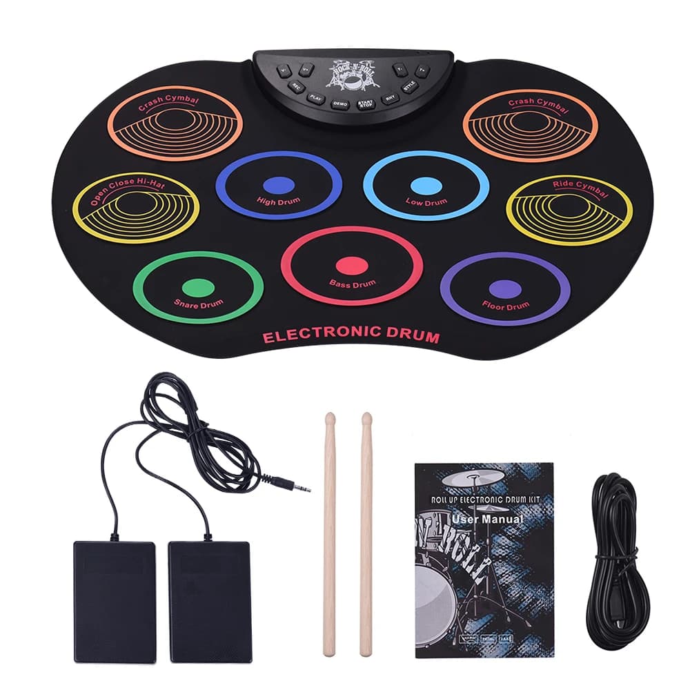 Set di batteria avvolgibile di dimensioni compatte Kit di batteria elettronica 9 cuscinetti per batteria in silicone Alimentato tramite USB/batteria con pedali per bacchette