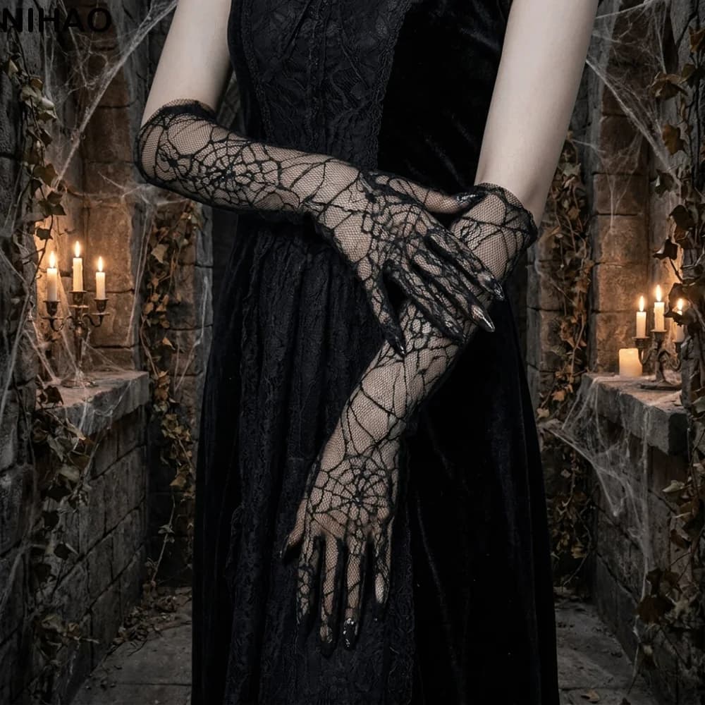 Elegant Solid Color Spider Web Gloves Gauze Mesh Women Driving Gloves Dark Series Transparent Long Mittens Halloween