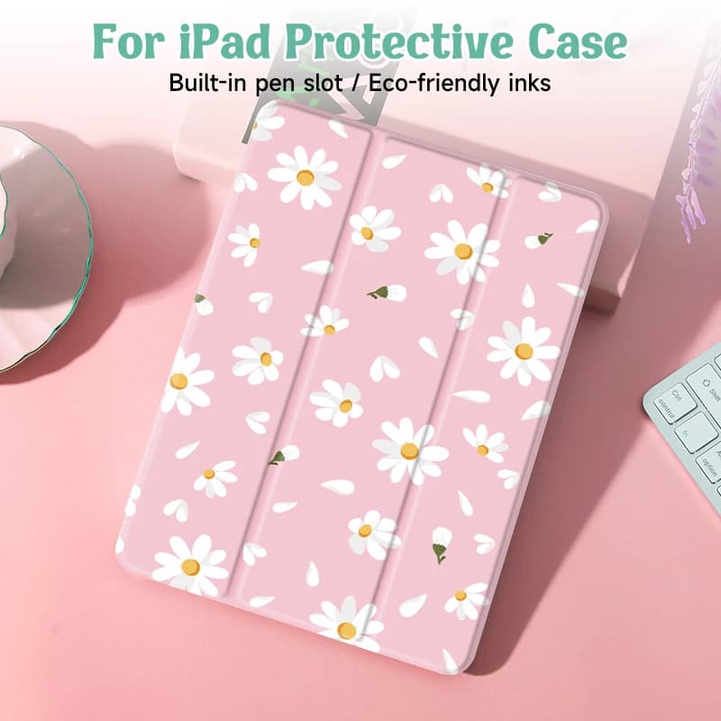 Custodia per iPad con fiori per iPad 9a/8a/7a generazione da 10,2 pollici, per cover MiNi 4/5/6, con portapenne, copertura per sveglia/sonno automatico