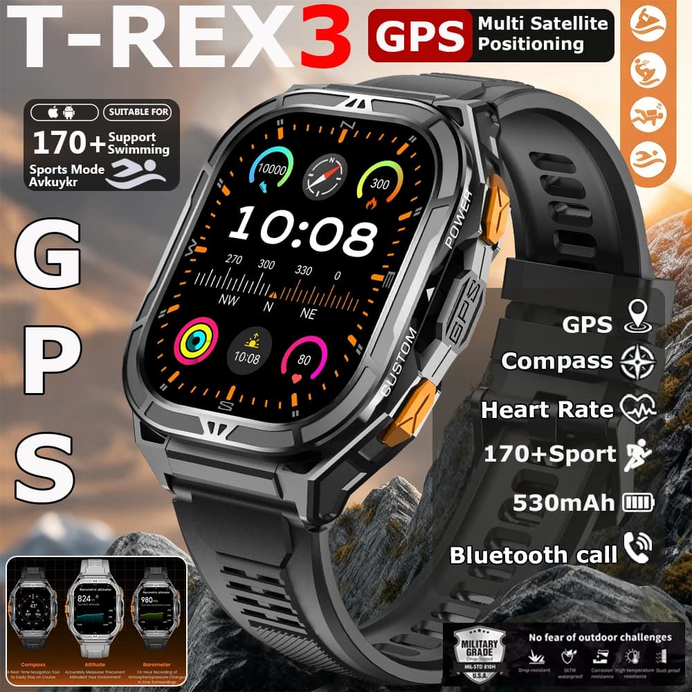 2025 New GPS Watch Smart Men 1.96 Inch HD AMOLED Screen Compass Bluetooth call 5ATM Waterproof Sports Watch for Android iOS
