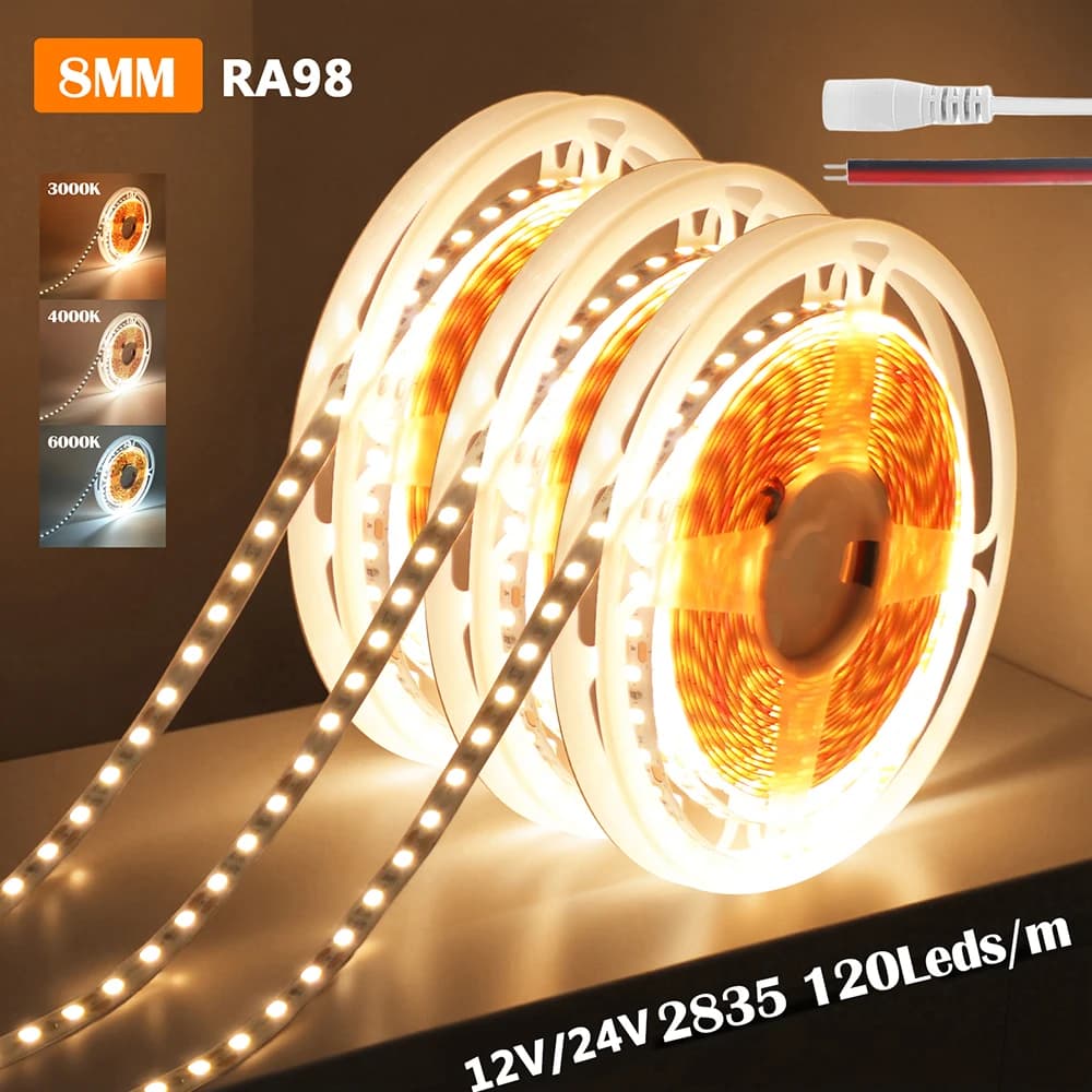 12V 24V RA98 5m Striscia LED Nastro flessibile Luce 3000k 4000k 6000k Spina CC 2pin Filo 2835 120Led/m Retroilluminazione luminosa Illuminazione notturna