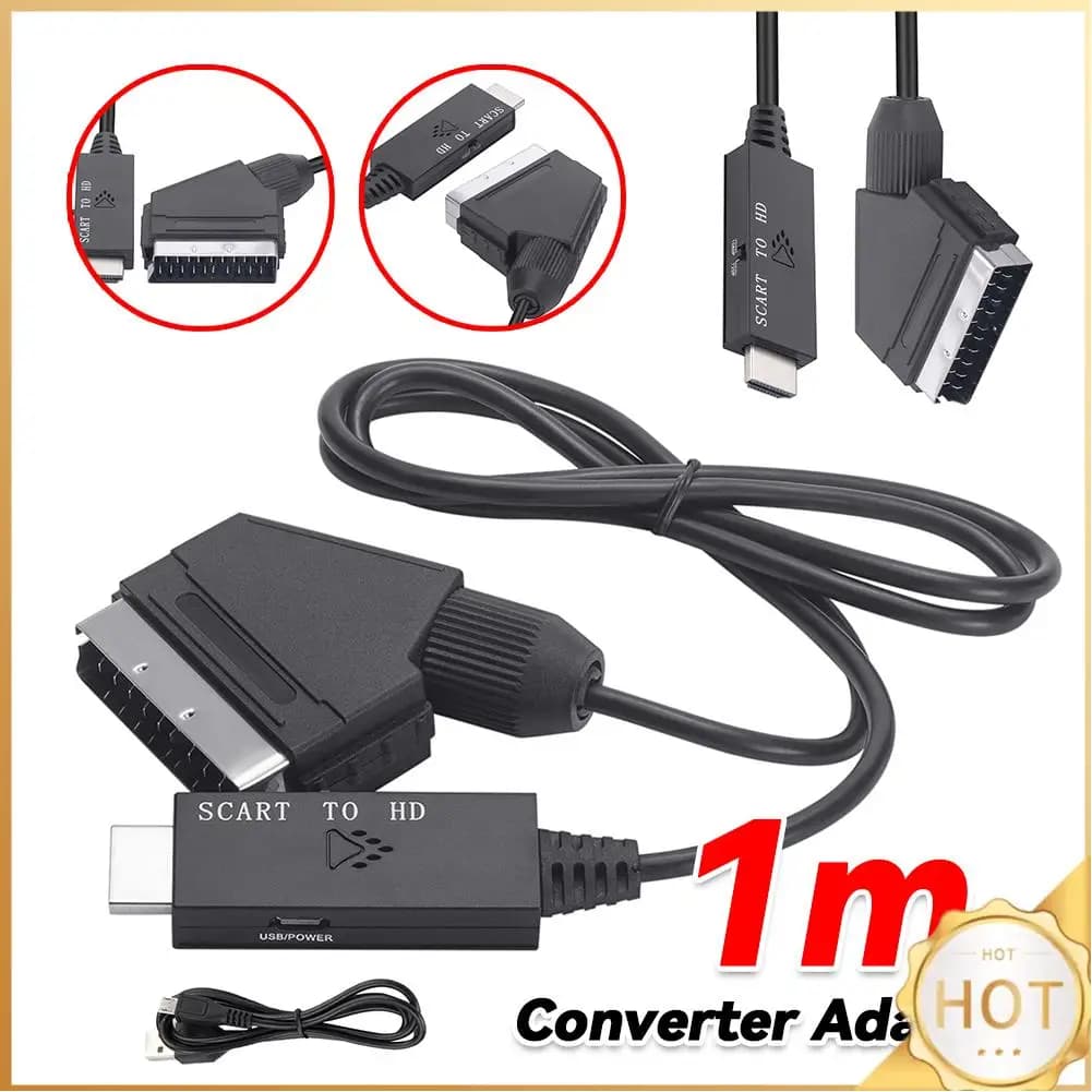 1m Audio Video Converter Adapter from Scart to HDMI compatible 1080P, 5V DC Micro USB Cable, Set-top Box Accessories