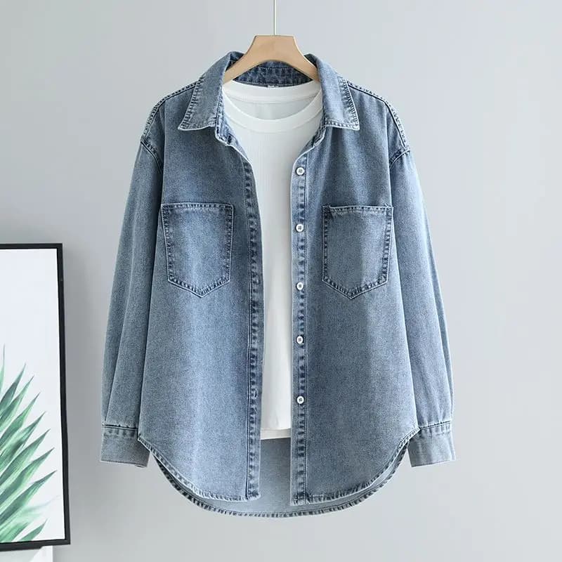 Camicia di jeans Donna Vintage Top Tasche lavate Monopetto Colletto rovesciato Camicetta Top Autunno Overshirt Streetwear 2025