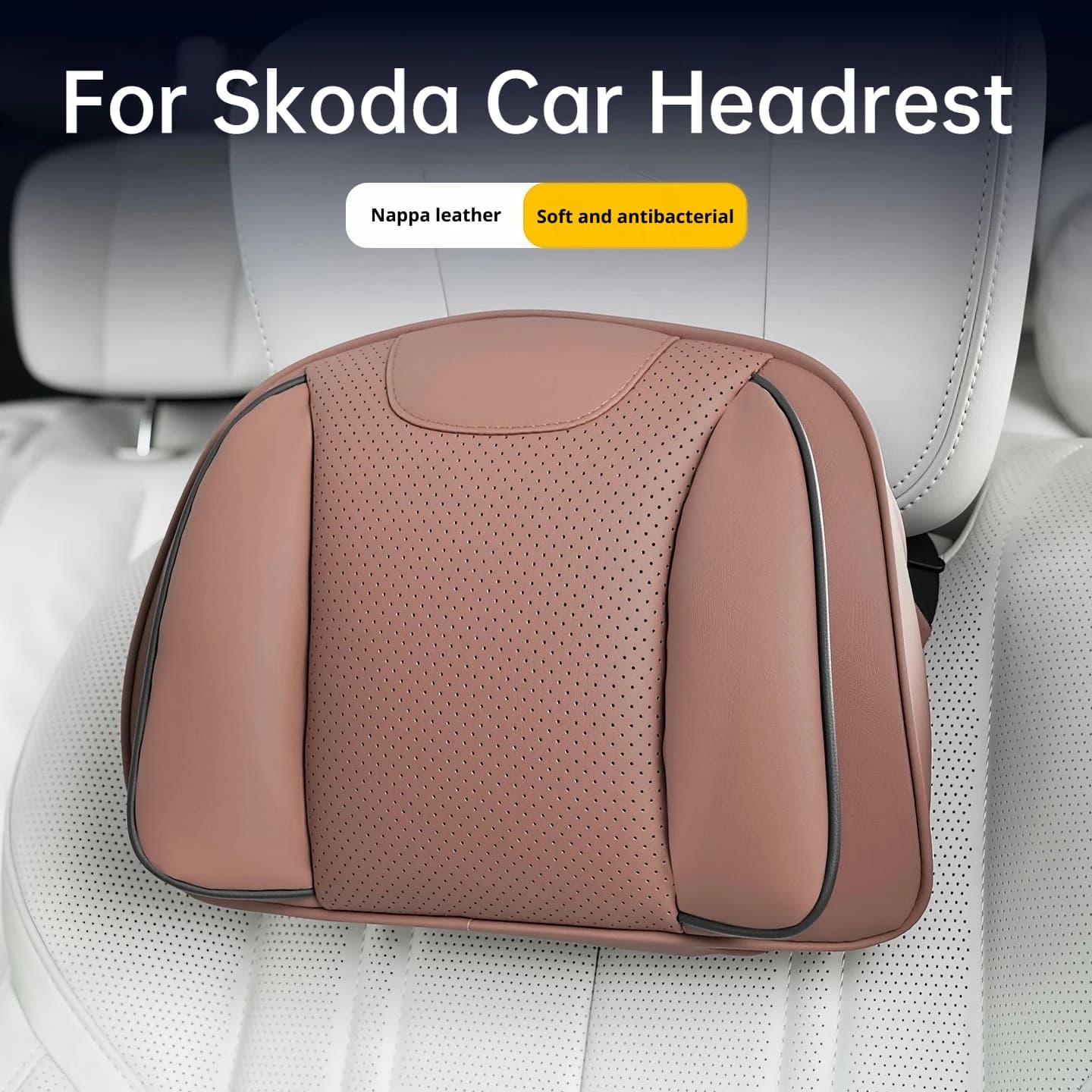 For Skoda Nappa Leather Car Headrest Lumbar Cushion Soft Car Neck Pillows New Octavia Kodiaq Fabia Karoq Elroq Enyaq Accessories