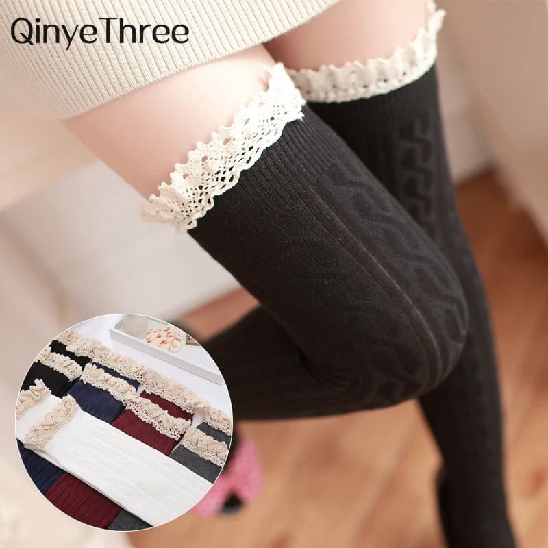 Chic Thigh High Girls Lace Decorative Winter Warm Sexy Knee High Stockings Twisted Pattern Knitted Christmas Gift