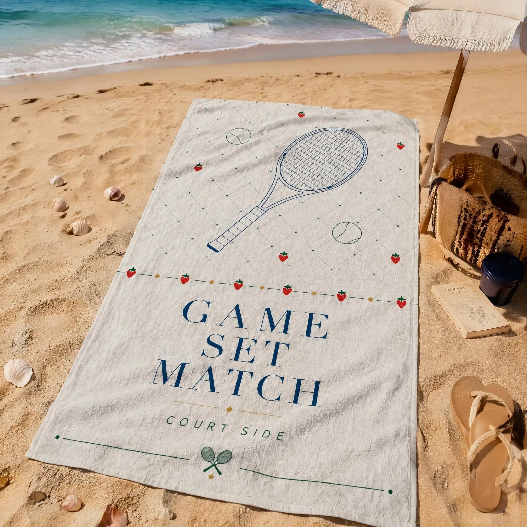Tennis Sports Themed Beach Towel, Lightweight Foldable Bath Towel, Wear Resistant Washable Towel for Outdoor Vacation