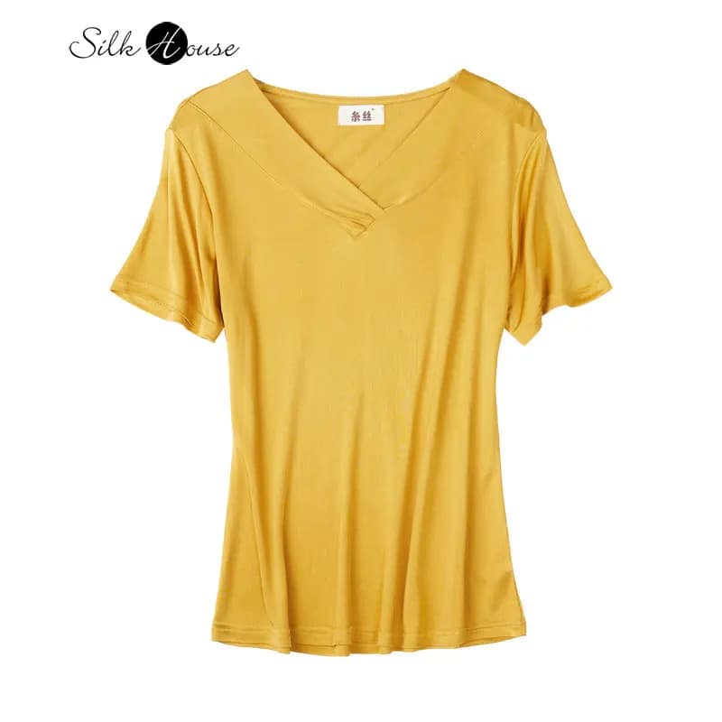 T-Shirt a maniche corte in seta t-Shirt estiva da donna in seta di gelso tinta unita con colletto a pieghe camicia Versatile e sottile con scollo a v e fondo dritto