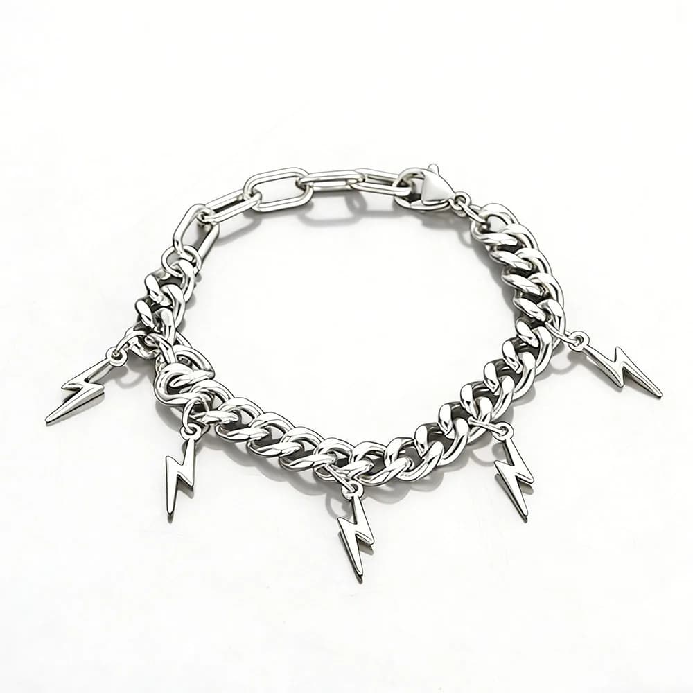 Bracciale a Catena Cubana con Fulmine per Uomo, Gioiello Hip Hop Punk in Acciaio Inossidabile, Braccialetto con Frange a Forma di Fulmine, Accessorio da Polso Maschile